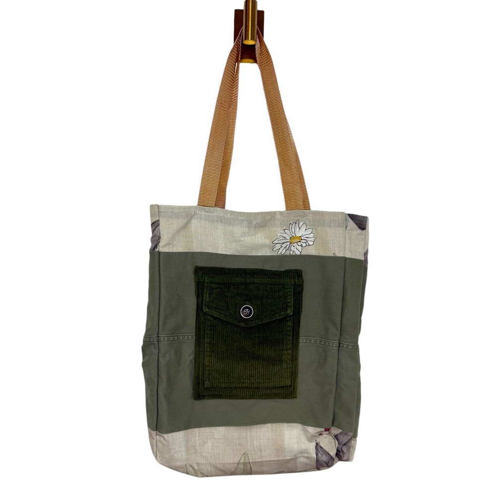 Upcycled GAP Tote Bag Green Corduroy Pocket Cottagecore Art Teacher Boho